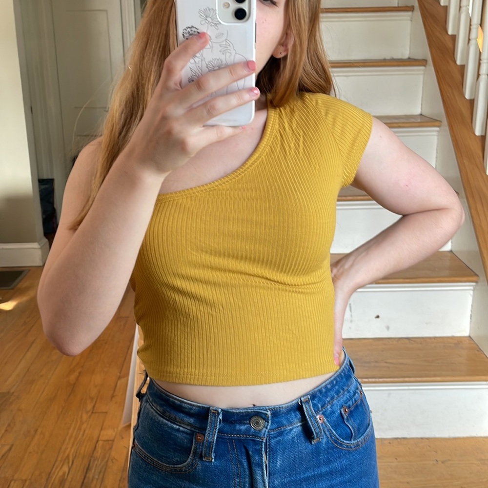 Emma & Sam Ribbed Mustard One-Shoulder Top - Picture 2 of 5